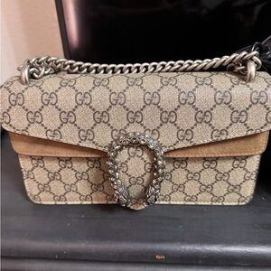 Gucci Beige and Brown Shoulder Bag with Silver Chain